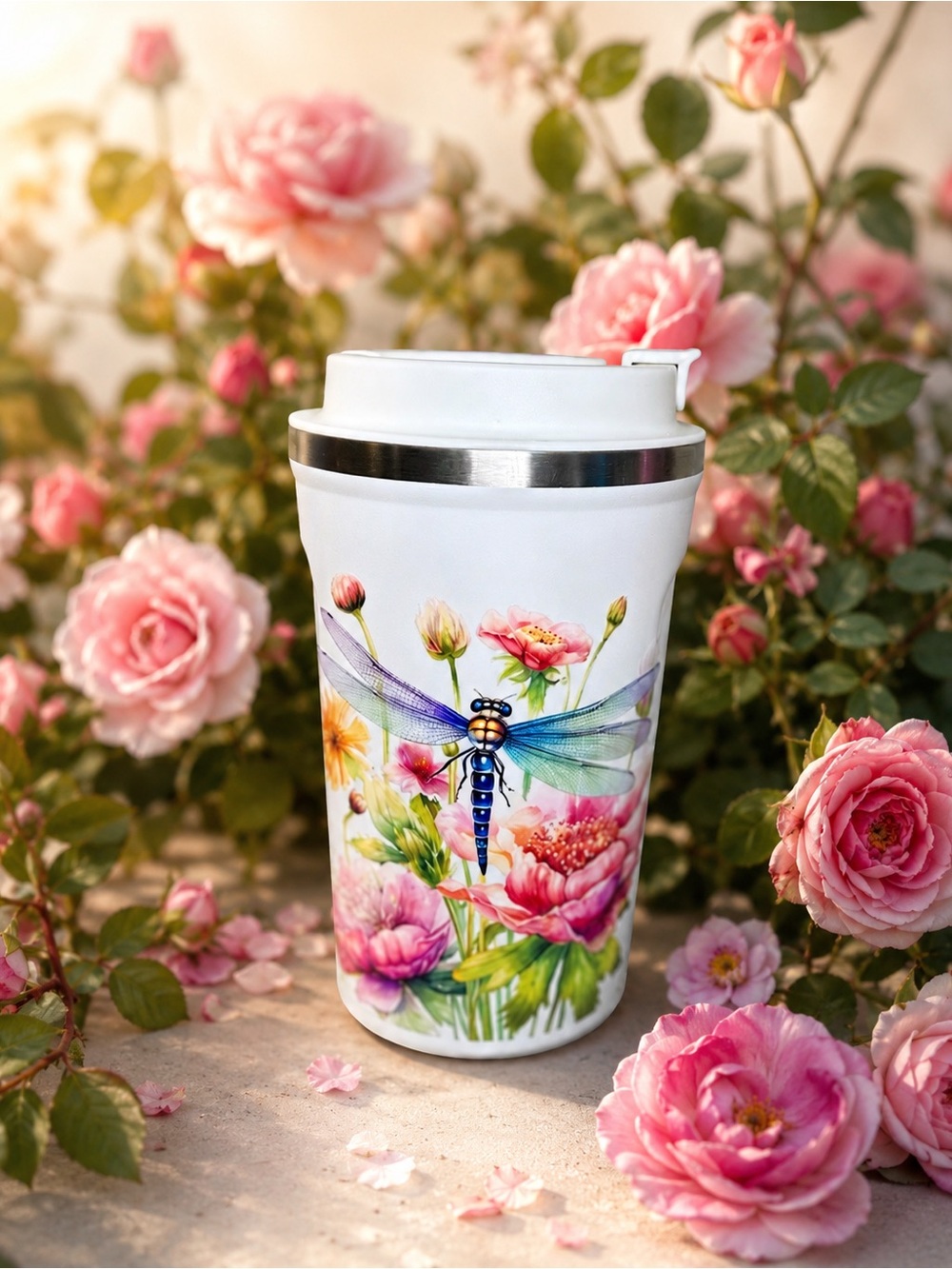 White Floral Dragonfly Travel Mug - Brand